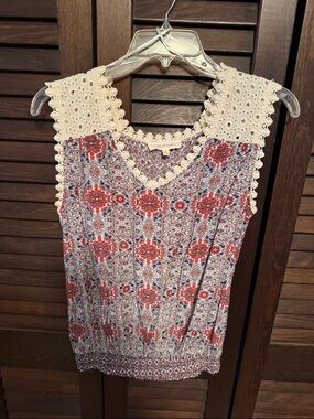 Solitaire Red & Blue Floral Crochet Yoke Tank